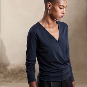 Banana Republic Crepe Wrap Top Long Puff Sleeve Banded Balletcore Snap Surplice
